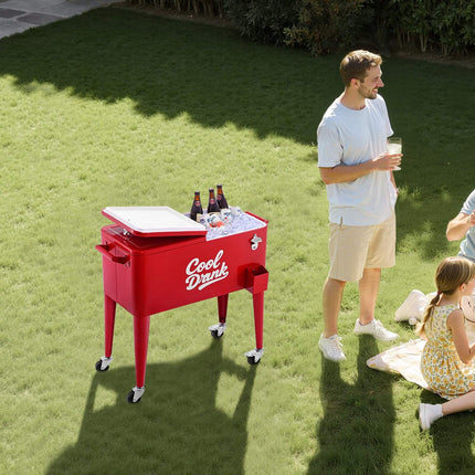 Rolling Cooler Cart 80 Qt, 110-Cans, Bottle Opener, Red