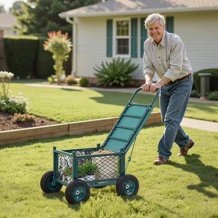 Rolling Garden Cart with Seat, 400 lb, Storage Basket