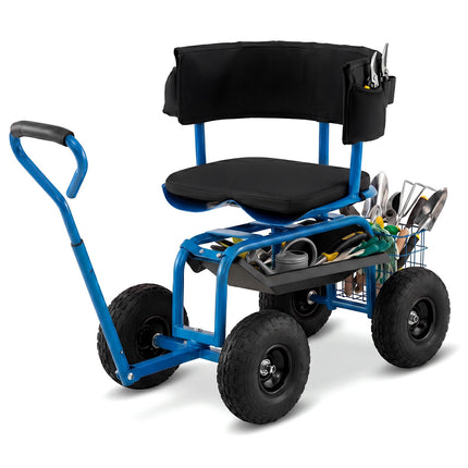 Rolling Garden Cart with Swivel Seat and Storage Basket
