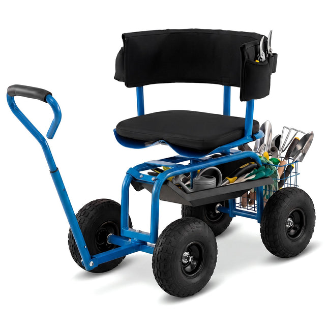 Rolling Garden Cart with Swivel Seat and Storage Basket