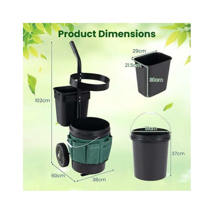 Rolling Garden Cart with Wheels, 20 L Bucket, 10 L Bin, Tool Bag, Green