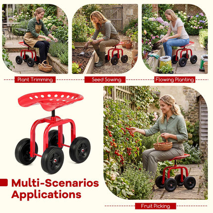 Rolling Garden Seat with Swivel & Adjustable Height, Red