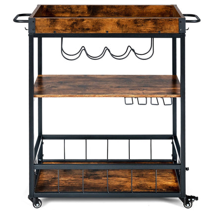 Rolling Kitchen Bar Cart, 3-Tier, Wine Rack, Rustic Brown