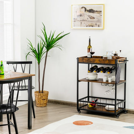 Rolling Kitchen Bar Cart, 3-Tier, Wine Rack, Rustic Brown