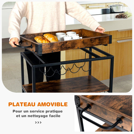 Rolling Kitchen Bar Cart, 3-Tier, Wine Rack, Rustic Brown