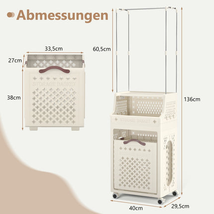 Rolling Laundry Basket with Hanger, Foldable, Beige, 30L
