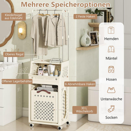 Rolling Laundry Basket with Hanger, Foldable, Beige, 30L