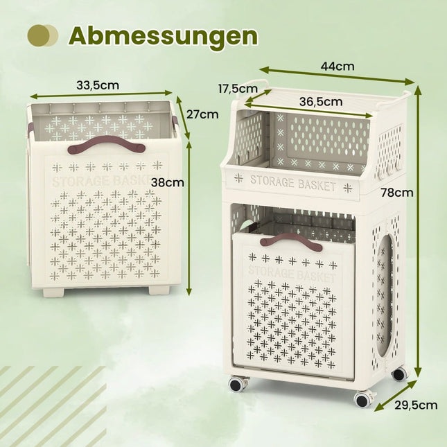 Rolling Laundry Basket with Shelf, Foldable, Beige, 30L