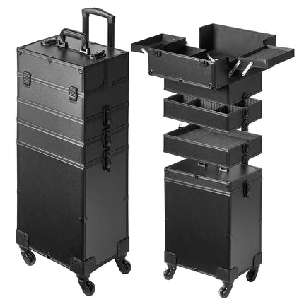 Rolling Makeup Case, 5-in-1 Aluminum Trolley, Black