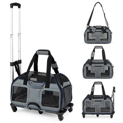 Rolling Pet Carrier with Wheels, Telescopic Handle, Mesh Windows