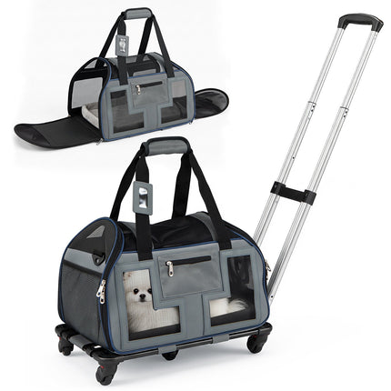 Rolling Pet Carrier with Wheels, Telescopic Handle, Mesh Windows