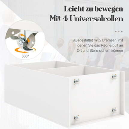 Rolling Podium Stand with 2 Shelves, 4 Wheels, White
