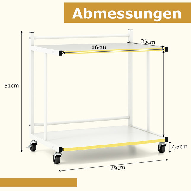Verrijdbaar bijzettafeltje met 2 planken, C-vormig, wit