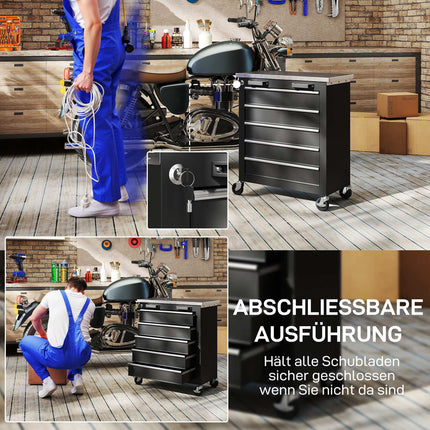 Rolling Steel Tool Cabinet, 5 Drawers, Silver/Black