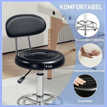 Adjustable rolling stool with backrest and wheels, black