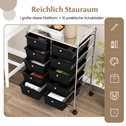 Rolling Storage Cart with 10 Drawers, Black, Metal Frame