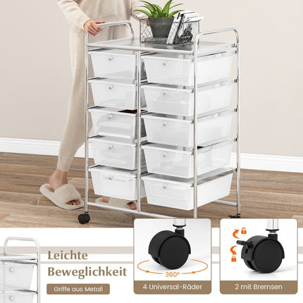 Rolling Storage Cart with 10 Drawers, Lockable Wheels