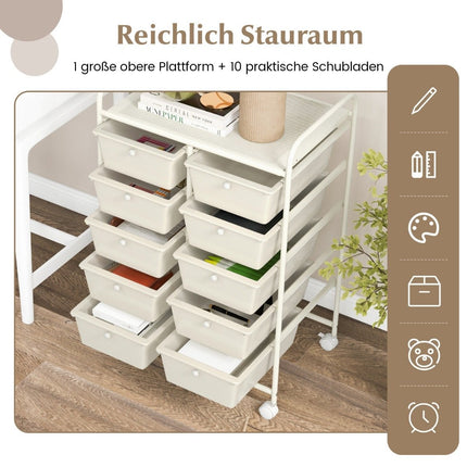 Rolling Storage Cart with 10 Drawers, White, Mobile Organizer