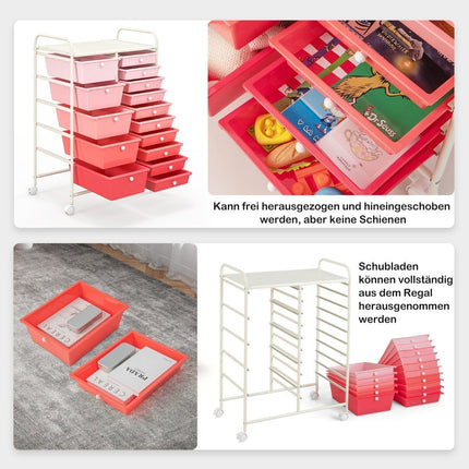 Rolling Storage Cart with 15 Drawers, Pink, 63x37x87 cm