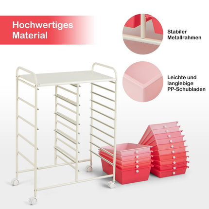 Rolling Storage Cart with 15 Drawers, Pink, 63x37x87 cm