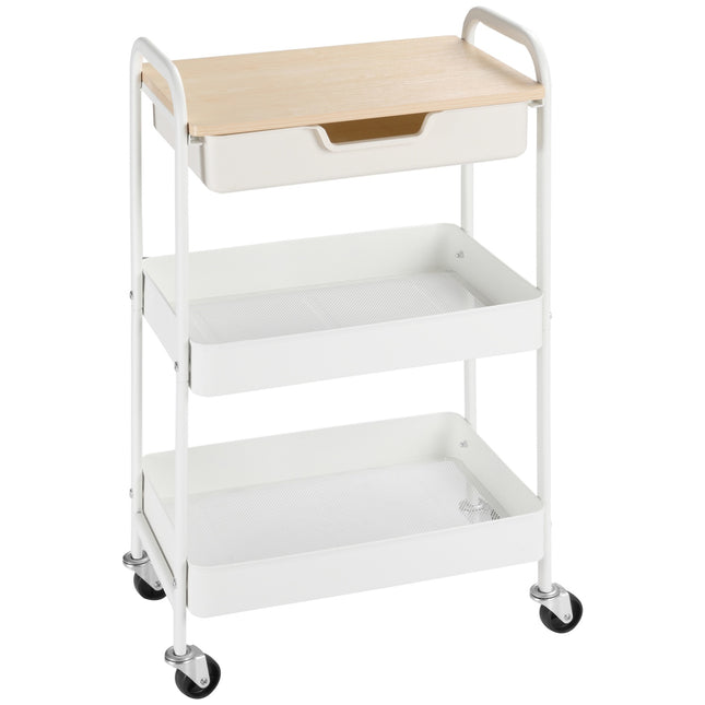 Opbergwagen met wielen, planken en lade, wit staal