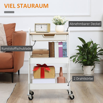 Rolling Storage Cart with Shelves and Drawer, White Steel