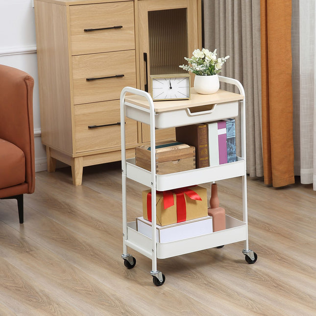 Opbergwagen met wielen, planken en lade, wit staal