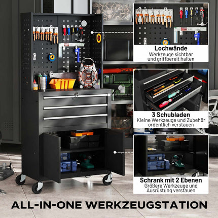 Rolling Tool Cabinet With Pegboard, 3 Drawers, Black