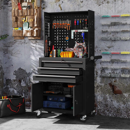 Rolling Tool Cabinet With Pegboard, 3 Drawers, Black