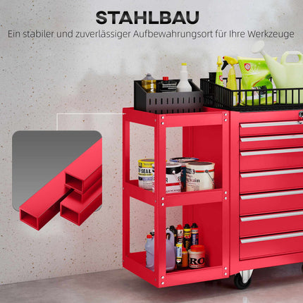 Rolling Tool Cabinet with 7 Drawers, Removable Shelf, Red