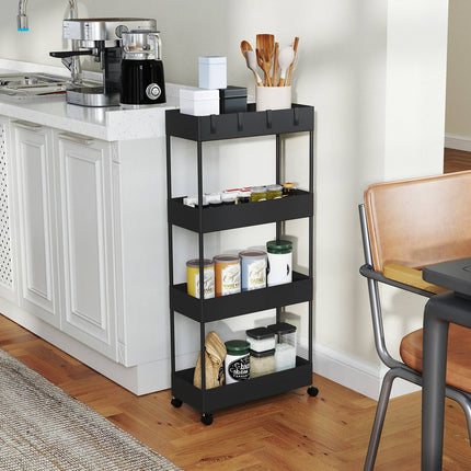 4-story rolling kitchen cart with wheels, black plastic