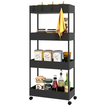 4-story rolling kitchen cart with wheels, black plastic