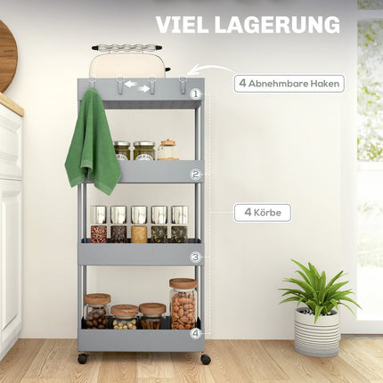 4-tier kitchen storage trolley with wheels, plastic, grey