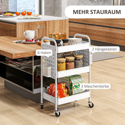Rolling kitchen trolley - 3 tiers & 2 baskets, white steel