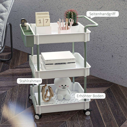 3-story rolling kitchen trolley with basket, steel – white