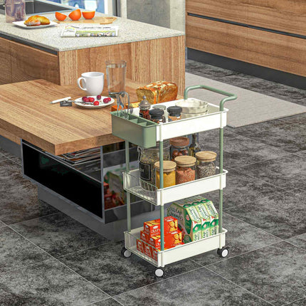 3-story rolling kitchen trolley with basket, steel – white