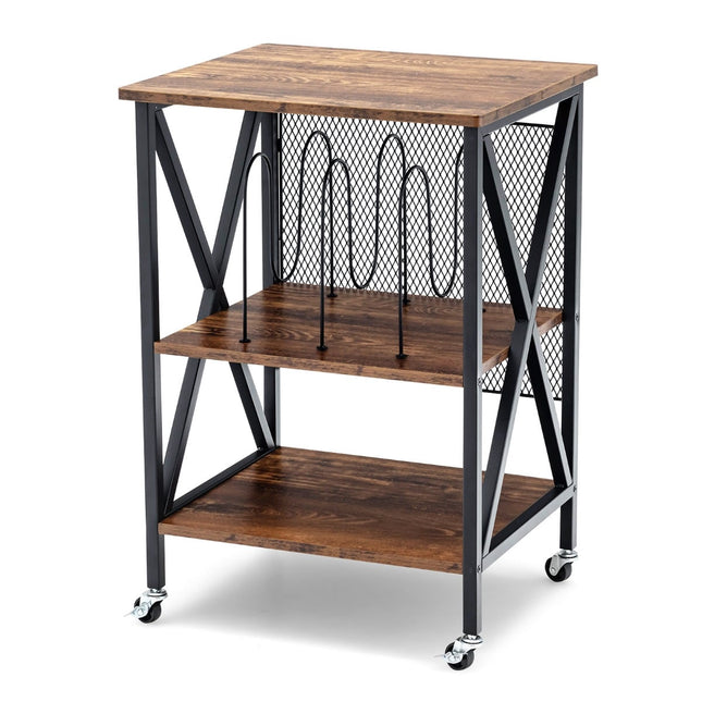 Verrijdbare vinylplatenstandaard, 3 planken, 52x45x75 cm, bruin