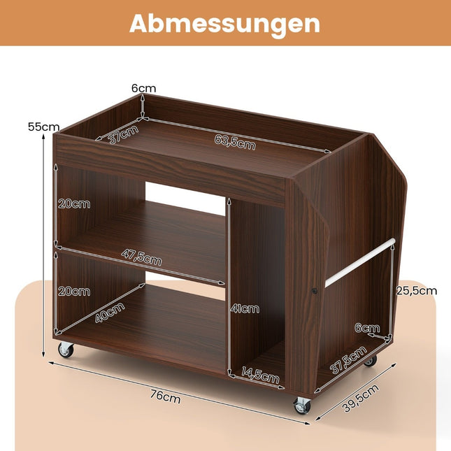 Verrijdbare bijzettafel van walnoothout met 3 niveaus en opbergplanken
