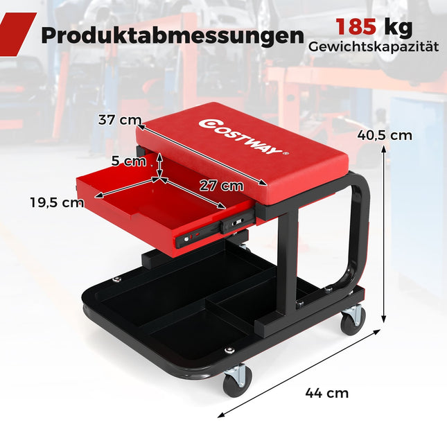 Rolling Workshop Stool with Drawer, 185kg Capacity, Red