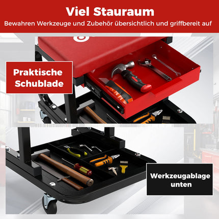 Rolling Workshop Stool with Drawer, 185kg Capacity, Red