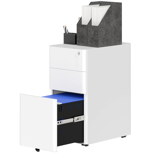 White mobile filing cabinet in steel with 3 lockable drawers