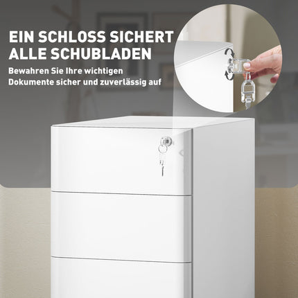 White mobile filing cabinet in steel with 3 lockable drawers