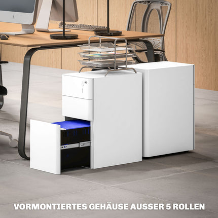 White mobile filing cabinet in steel with 3 lockable drawers