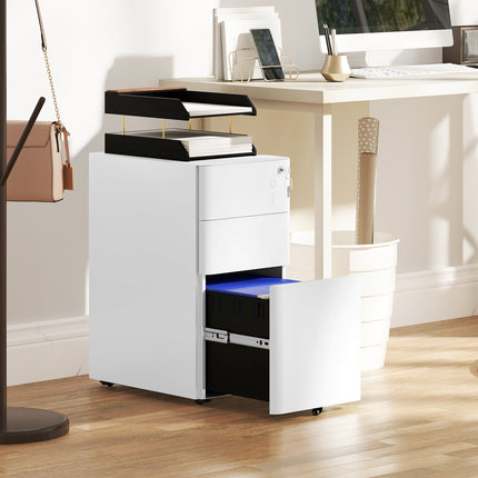 White mobile filing cabinet in steel with 3 lockable drawers