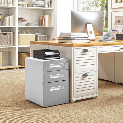 Mobile filing cabinet, lockable with 3 drawers, light grey
