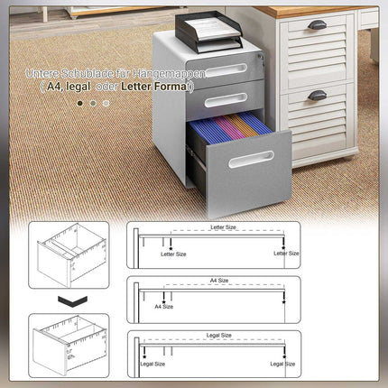Mobile filing cabinet, lockable with 3 drawers, light grey