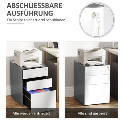 Lockable rolling filing cabinet, 3 drawers, steel, white/grey