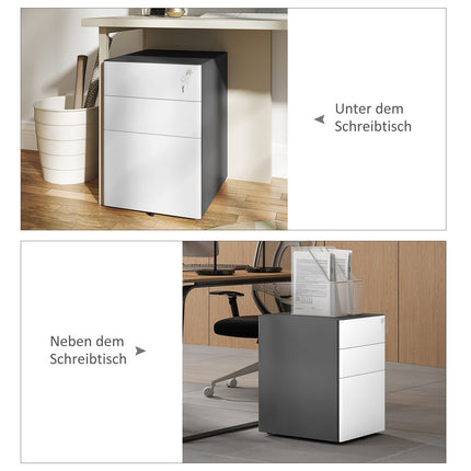 Lockable rolling filing cabinet, 3 drawers, steel, white/grey