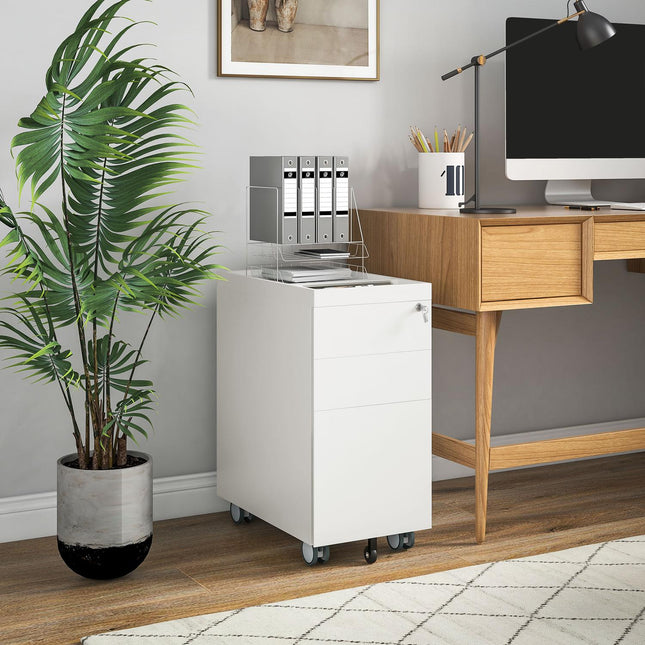 3-drawer rolling filing cabinet with lock, 30x50x61cm, white