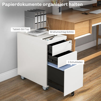 3-drawer rolling filing cabinet with lock, 30x50x61cm, white